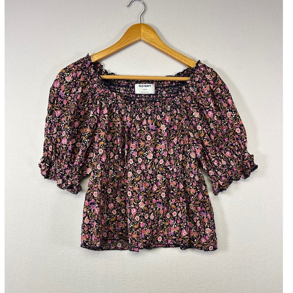 Old Navy Smocked Puff Sleeve Top Womens S Petite Navy Pink Floral Ruffle Blouse